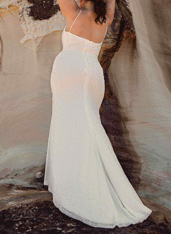 Trumpet/Mermaid V-Neck Sequined Wedding Dresses With Split Front