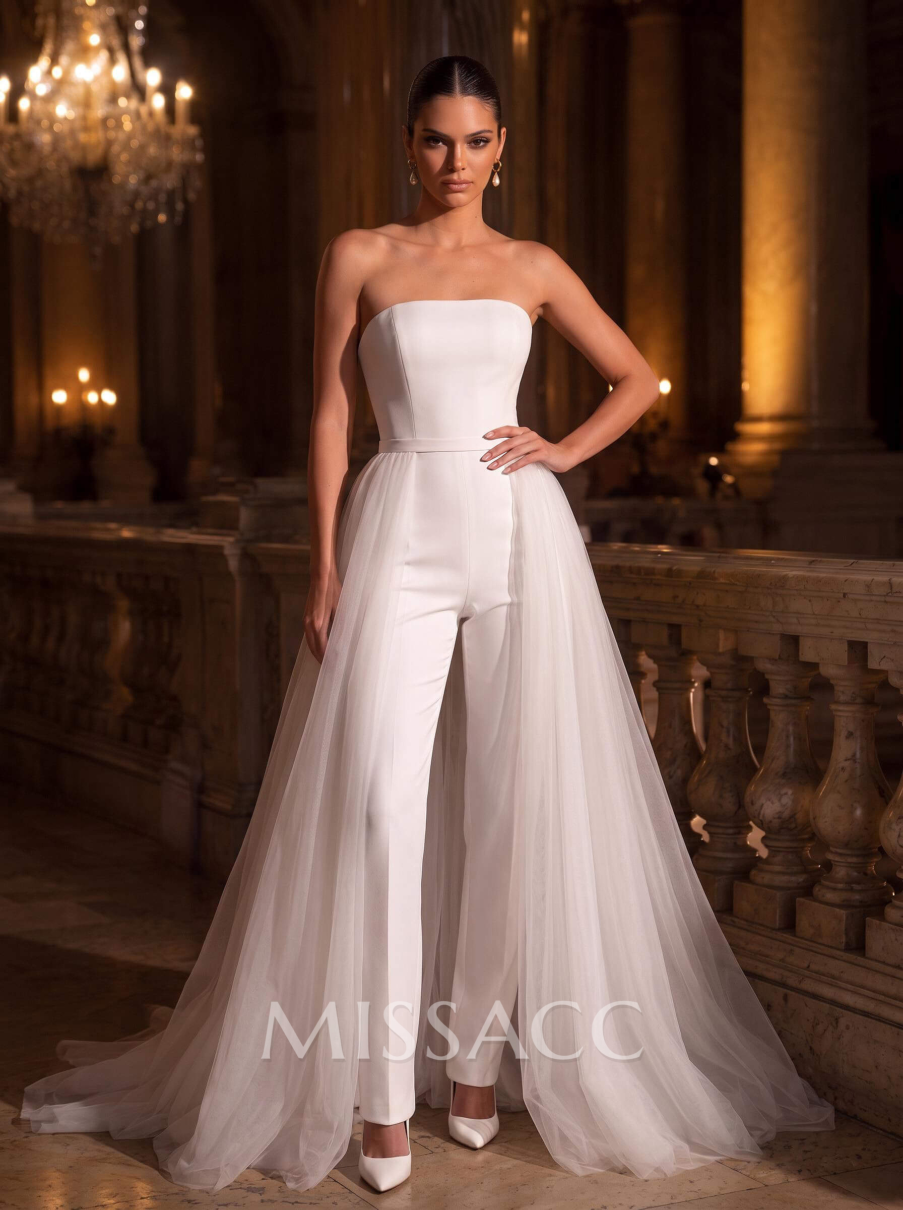 Jumpsuit/Pantsuit Strapless Sleeveless Sweep Train Wedding Dresses