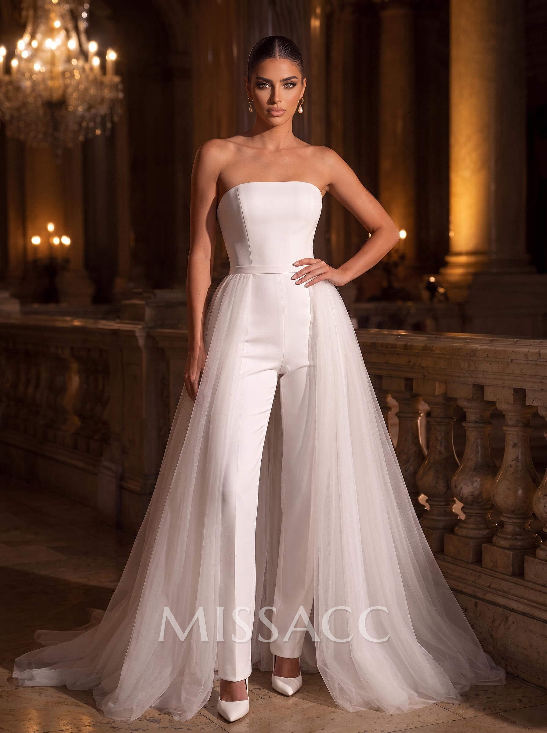 Jumpsuit/Pantsuit Strapless Sleeveless Sweep Train Wedding Dresses Jumpsuit/Pantsuit Strapless Sleeveless Sweep Train Wedding Dresses