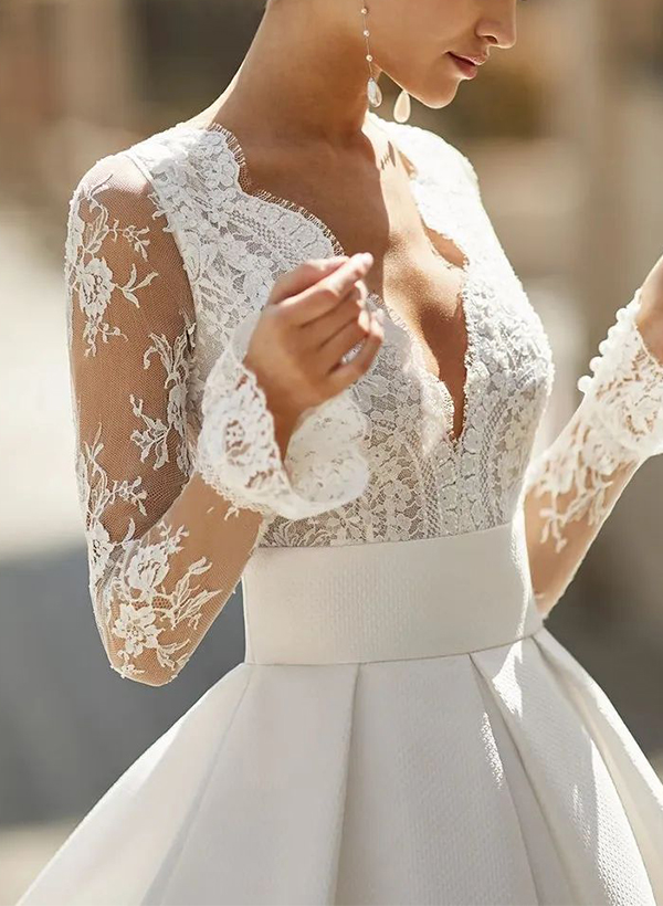 Ball-Gown V-Neck Long Sleeves Chapel Train Wedding Dresses With Pockets