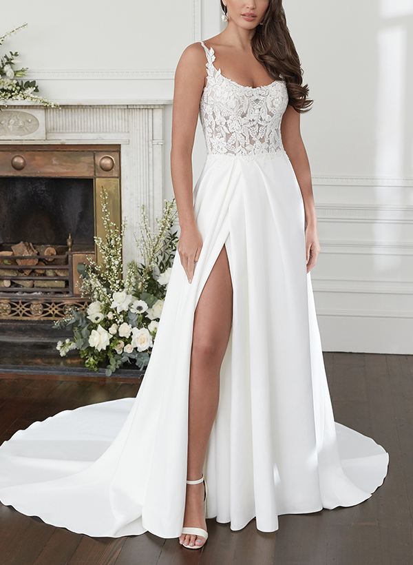 A-Line Square Neckline Sleeveless Lace Wedding Dresses With Split Front