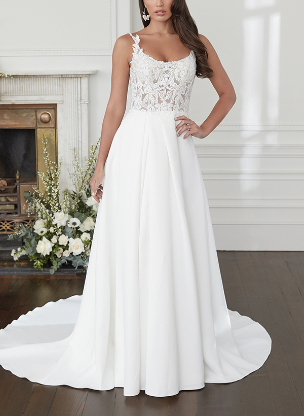 A-Line Square Neckline Sleeveless Lace Wedding Dresses With Split Front