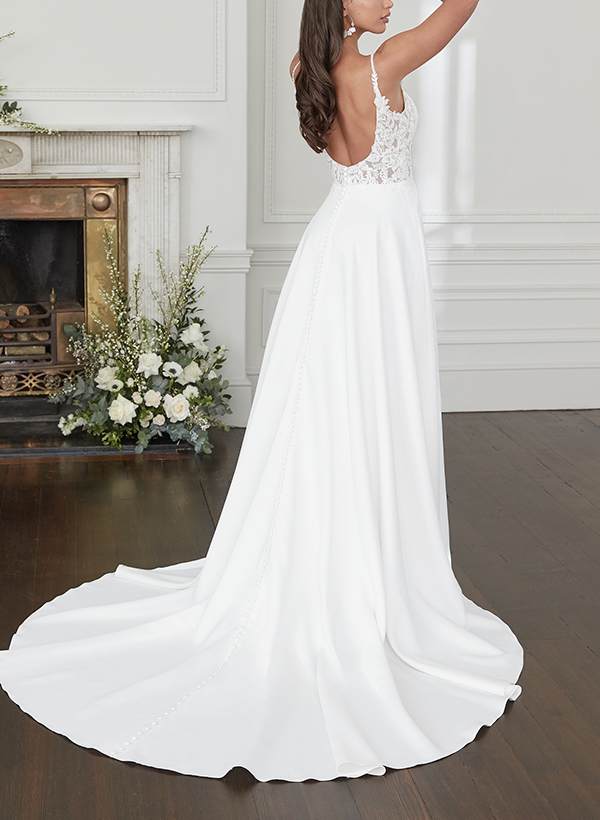 A-Line Square Neckline Sleeveless Lace Wedding Dresses With Split Front