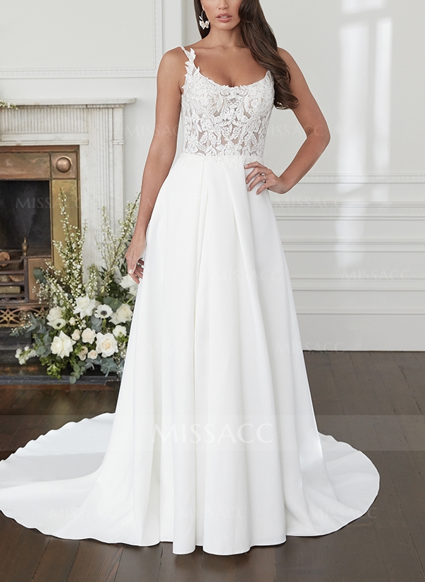 A-Line Square Neckline Sleeveless Lace Wedding Dresses With Split Front