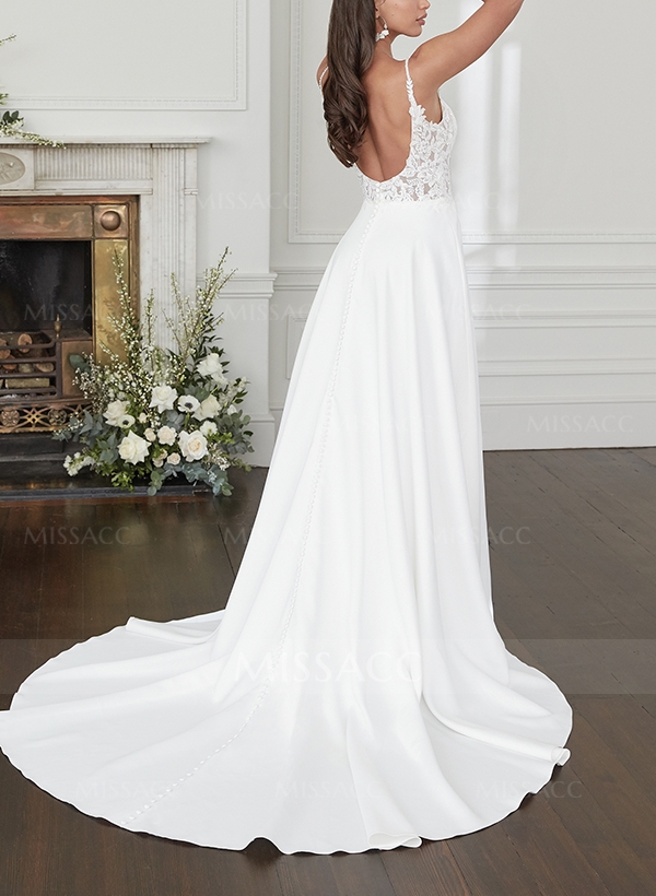 A-Line Square Neckline Sleeveless Lace Wedding Dresses With Split Front