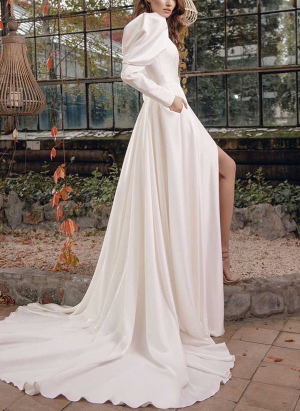 A-Line V-Neck Long Sleeves Sweep Train Wedding Dresses With Split Front