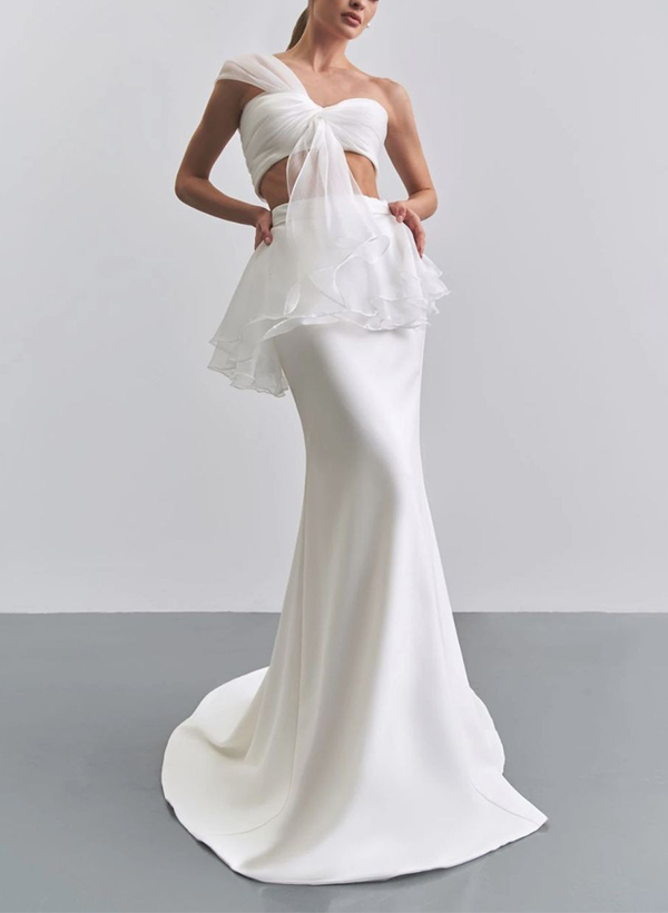 Trumpet/Mermaid One-Shoulder Tulle/Elastic Satin Wedding Dresses