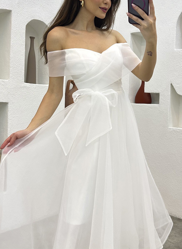 A-Line Off-The-Shoulder Tea-Length Tulle Wedding Dresses With Bow(s)