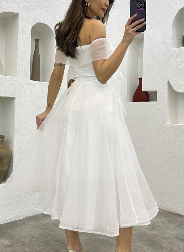 A-Line Off-The-Shoulder Tea-Length Tulle Wedding Dresses With Bow(s)