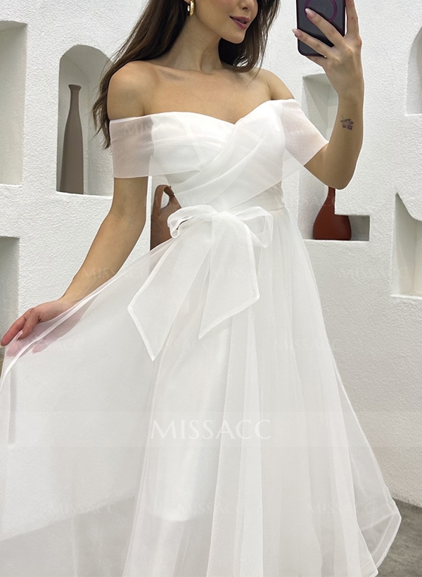 A-Line Off-The-Shoulder Tea-Length Tulle Wedding Dresses With Bow(s)