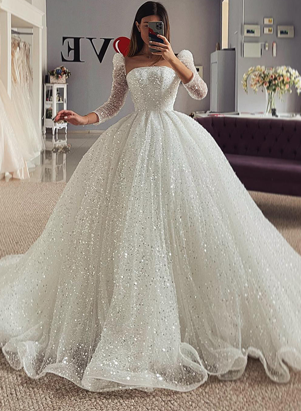 Ball-Gown Square Neckline Long Sleeves Sequined Wedding Dresses