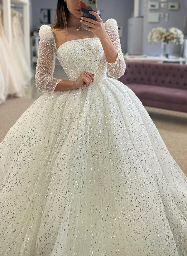 Ball-Gown Square Neckline Long Sleeves Sequined Wedding Dresses