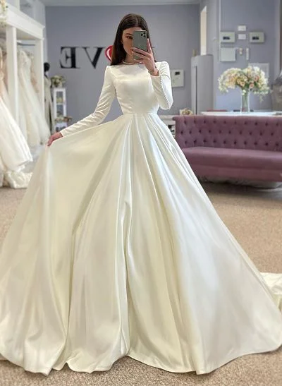 A-Line Scoop Neck Long Sleeves Sweep Train Satin Wedding Dresses