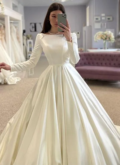 A-Line Scoop Neck Long Sleeves Sweep Train Satin Wedding Dresses
