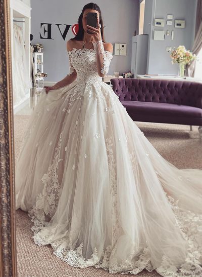 A-Line Off-The-Shoulder Long Sleeves Lace/Tulle Wedding Dresses