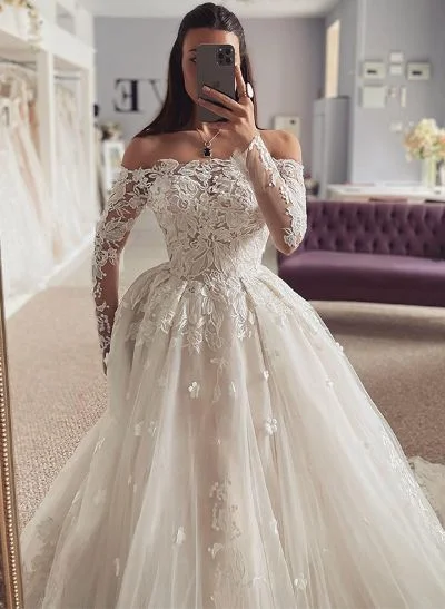 A-Line Off-The-Shoulder Long Sleeves Lace/Tulle Wedding Dresses