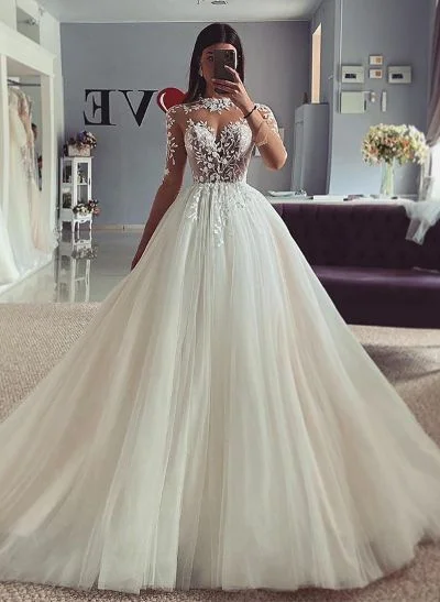 Ball-Gown Illusion Neck Long Sleeves Sweep Train Lace/Tulle Wedding Dresses