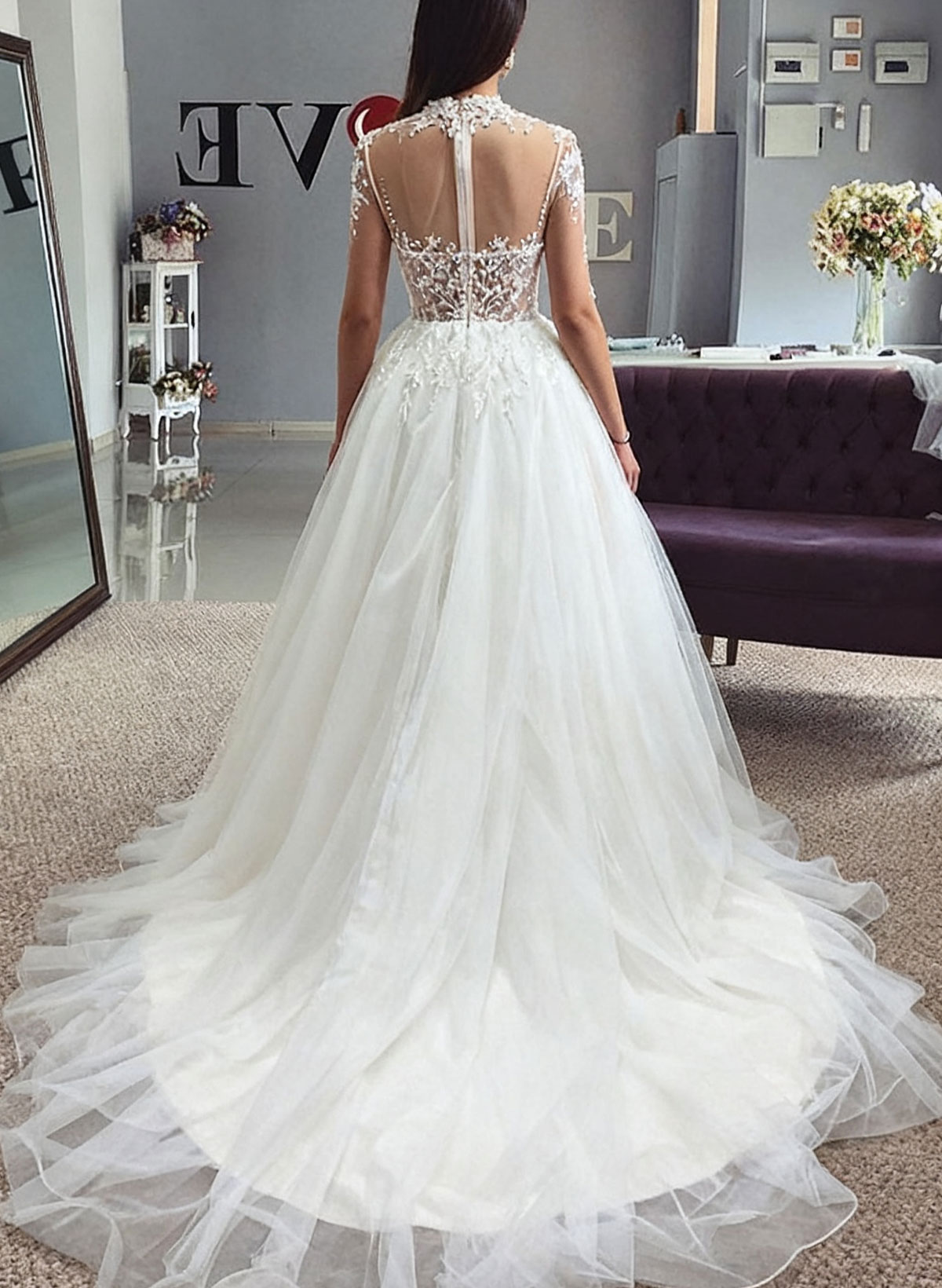 A-Line Illusion Neck Long Sleeves Sweep Train Lace/Tulle Wedding Dresses