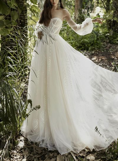A-Line Sweetheart Long Sleeves Sweep Train Lace Wedding Dresses With Split Front