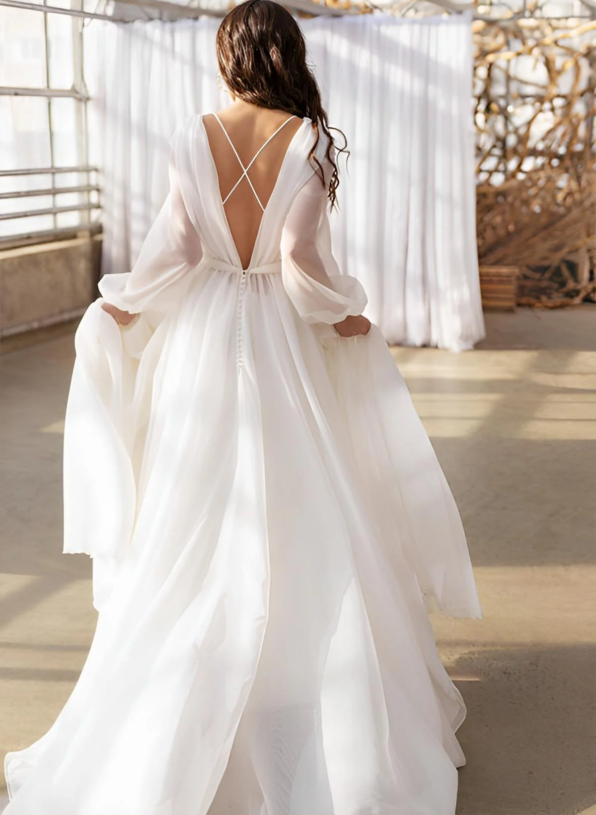 A-Line Illusion Neck Long Sleeves Sweep Train Chiffon Wedding Dresses -  Missacc