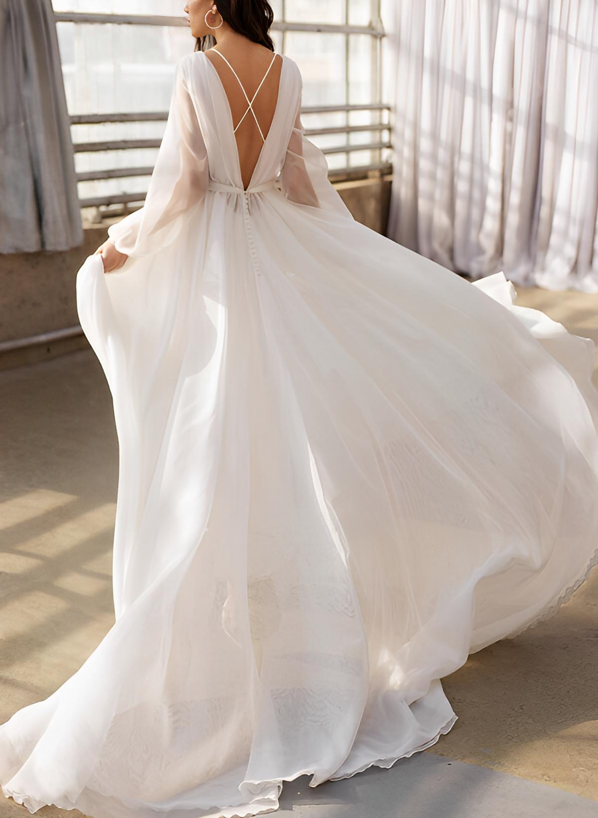 A-Line Illusion Neck Long Sleeves Sweep Train Chiffon Wedding Dresses
