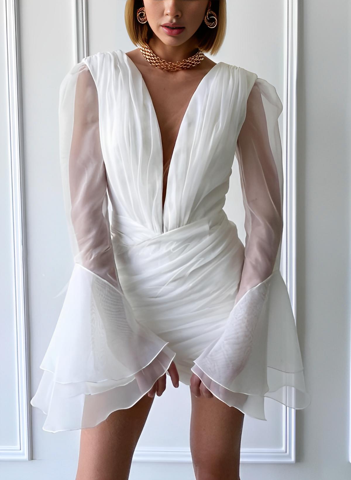 Sheath V-Neck Long Sleeves Short/Mini Tulle Little White Wedding Dresses
