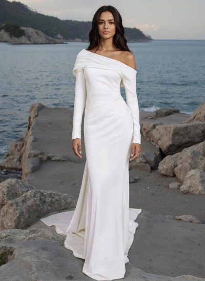 Sheath/Column One-Shoulder Long Sleeves Sweep Train Wedding Dresses