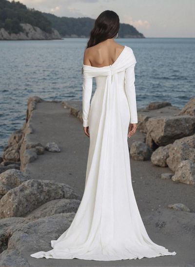 Sheath/Column One-Shoulder Long Sleeves Sweep Train Wedding Dresses