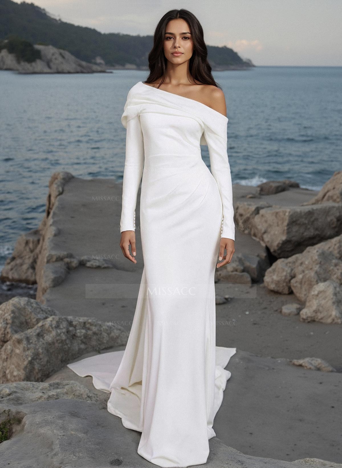 Sheath/Column One-Shoulder Long Sleeves Sweep Train Wedding Dresses