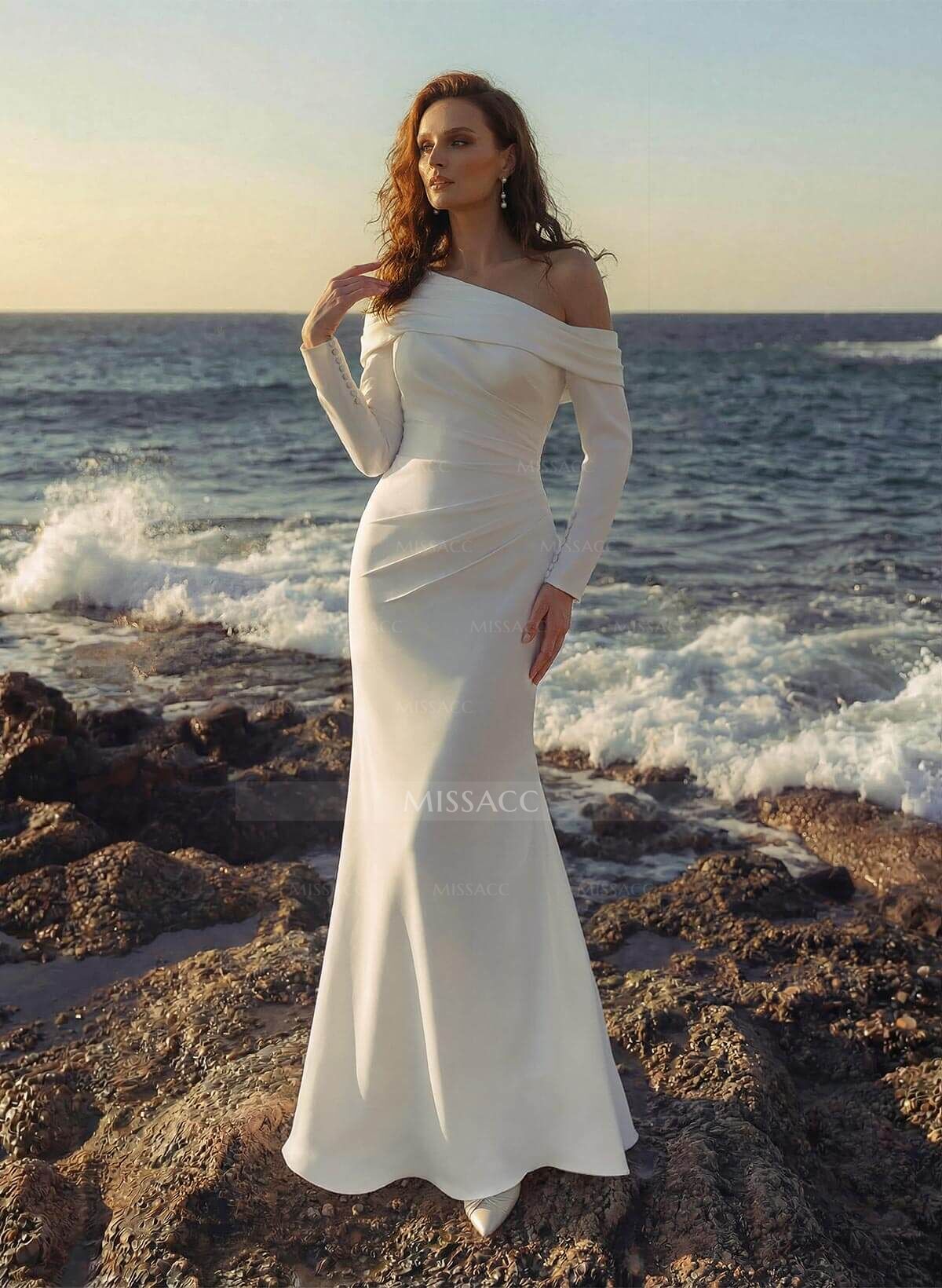 Sheath/Column Asymmetrical Neckline Long Sleeves Sweep Train Wedding Dresses