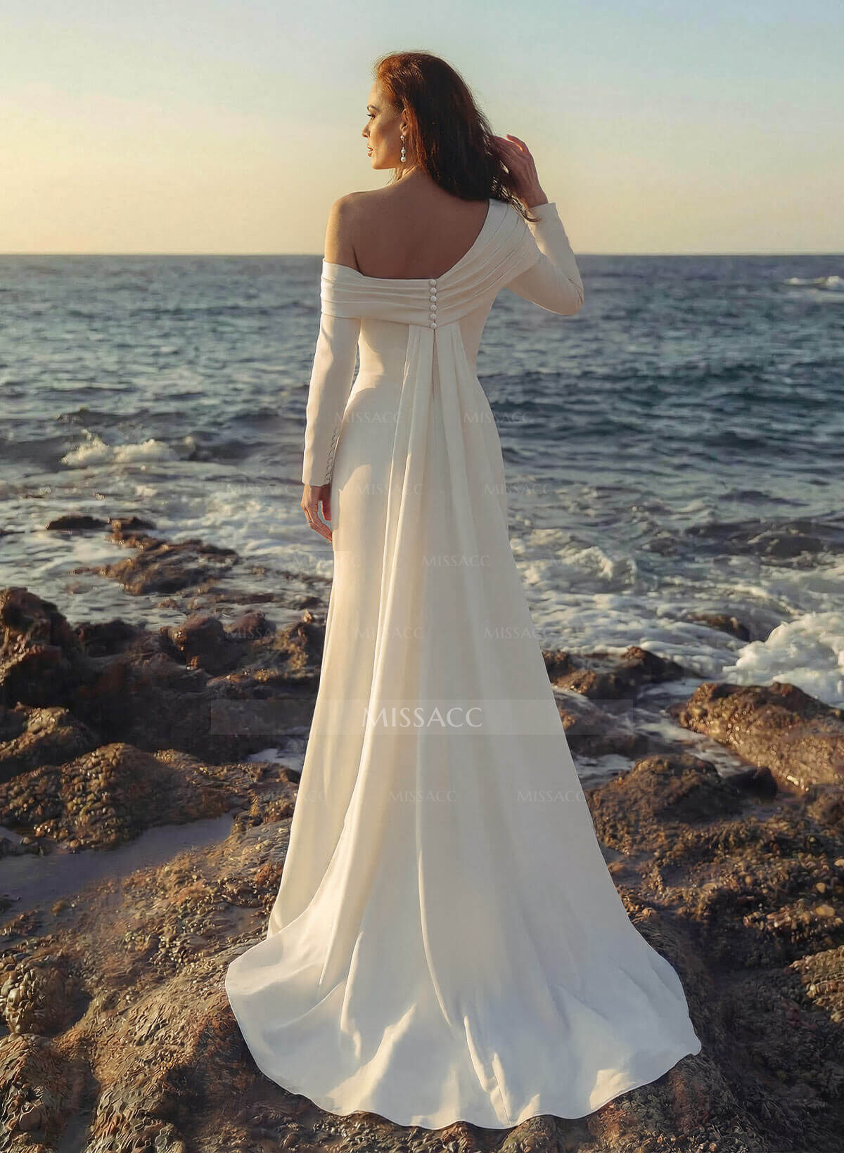 Sheath/Column Asymmetrical Neckline Long Sleeves Sweep Train Wedding Dresses