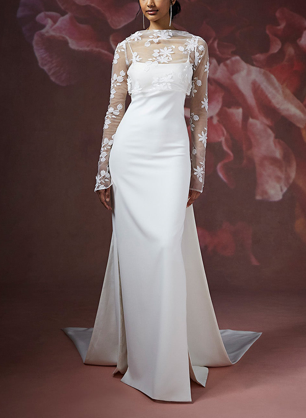 Sheath/Column Illusion Neck Long Sleeves Lace/Elastic Satin Wedding Dresses