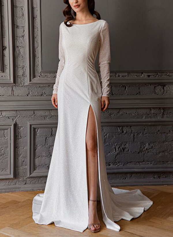 Sheath/Column Scoop Neck Long Sleeves Wedding Dresses With Split Front