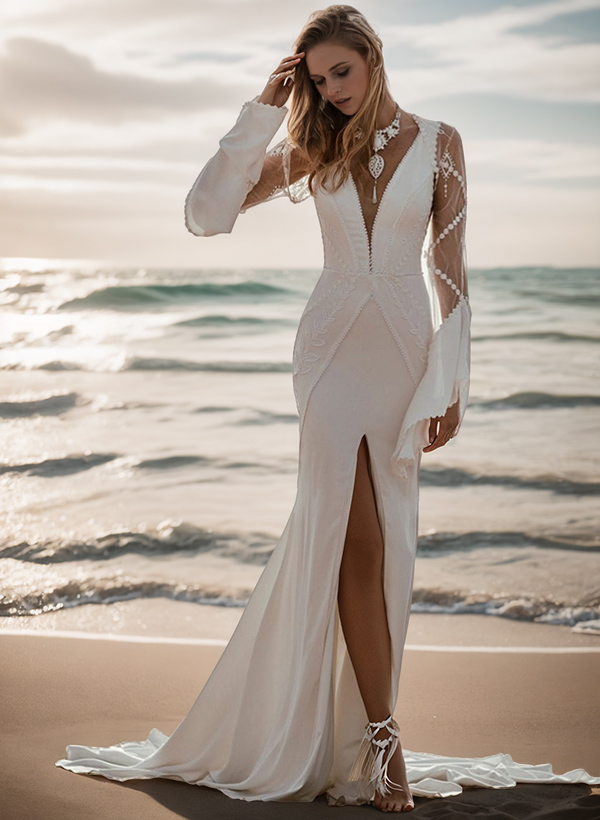 Mermaid V-Neck Long Sleeves Sweep Train Wedding Dresses With Detachable Sleeves