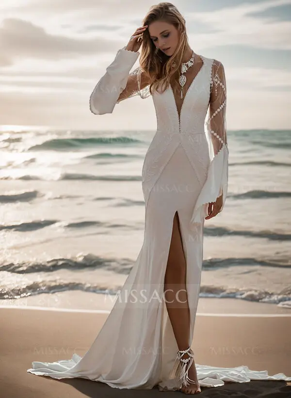 Mermaid V-Neck Long Sleeves Sweep Train Wedding Dresses With Detachable Sleeves - Missacc Mermaid V-Neck Long Sleeves Sweep Train Wedding Dresses With Detachable Sleeves - Missacc