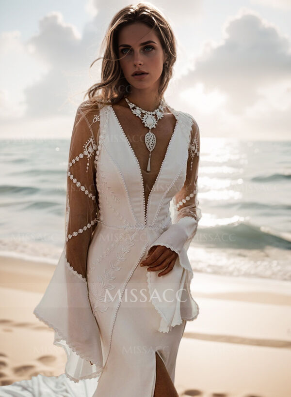 Mermaid V-Neck Long Sleeves Sweep Train Wedding Dresses With Detachable Sleeves