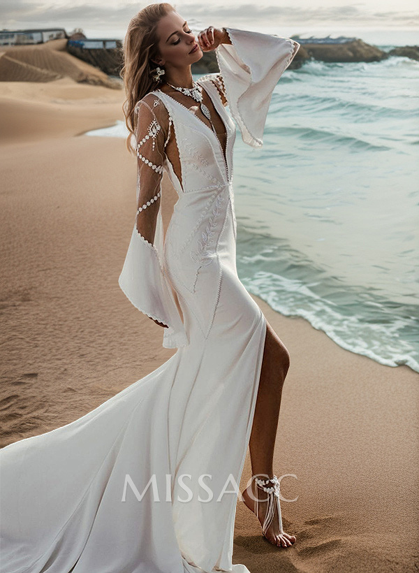 Mermaid V-Neck Long Sleeves Sweep Train Wedding Dresses With Detachable Sleeves Mermaid V-Neck Long Sleeves Sweep Train Wedding Dresses With Detachable Sleeves