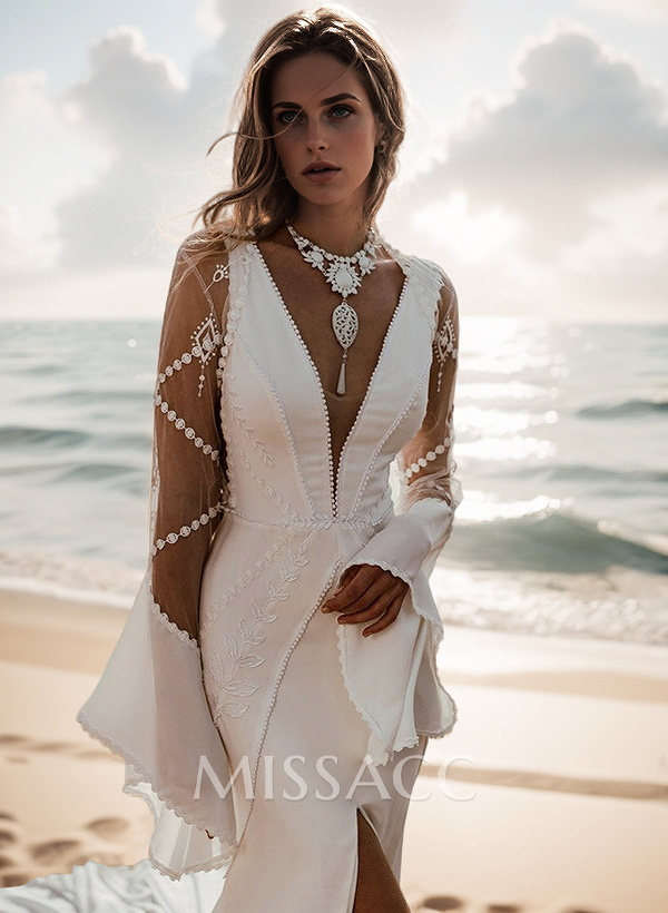 Mermaid V-Neck Long Sleeves Sweep Train Wedding Dresses With Detachable Sleeves Mermaid V-Neck Long Sleeves Sweep Train Wedding Dresses With Detachable Sleeves