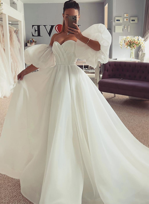 A-Line Off-The-Shoulder 1/2 Sleeves Organza Wedding Dresses With Split Front