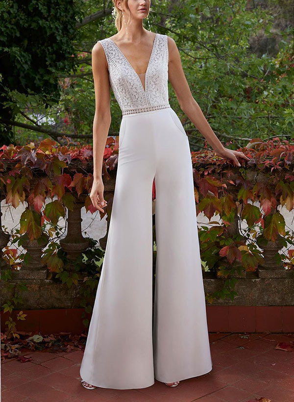 Sheath V-Neck Sleeveless Floor-Length Elastic Satin Wedding Dresses With Lace