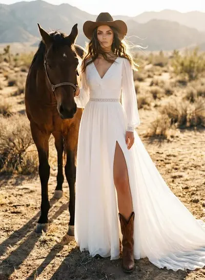 A-Line V-Neck Long Sleeves Court Train Chiffon Wedding Dresses
