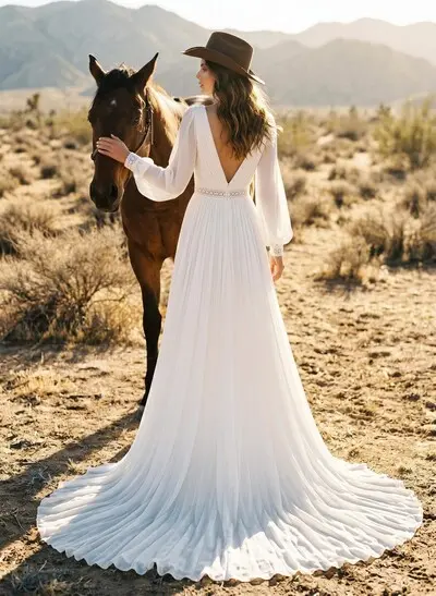 A-Line V-Neck Long Sleeves Court Train Chiffon Wedding Dresses
