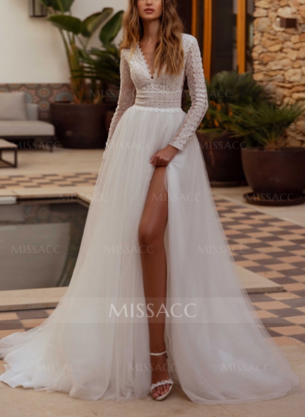 A-Line V-Neck Long Sleeves Lace/Tulle Wedding Dresses With Split Front