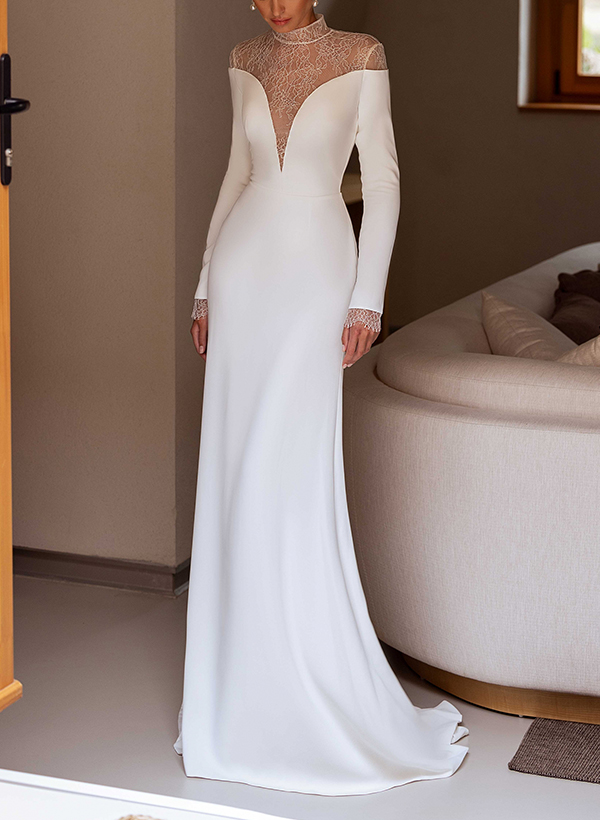 Sheath/Column Illusion Neck Long Sleeves Elastic Satin Wedding Dresses