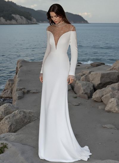 Sheath/Column Illusion Neck Long Sleeves Elastic Satin Wedding Dresses