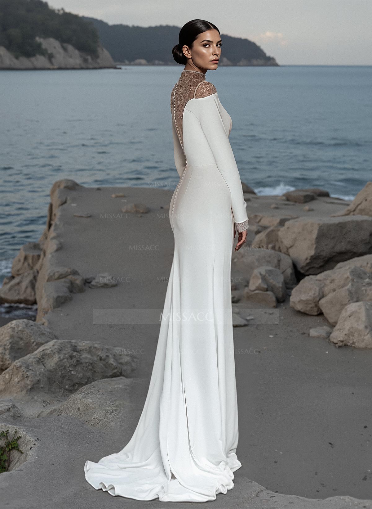 Sheath/Column Illusion Neck Long Sleeves Elastic Satin Wedding Dresses