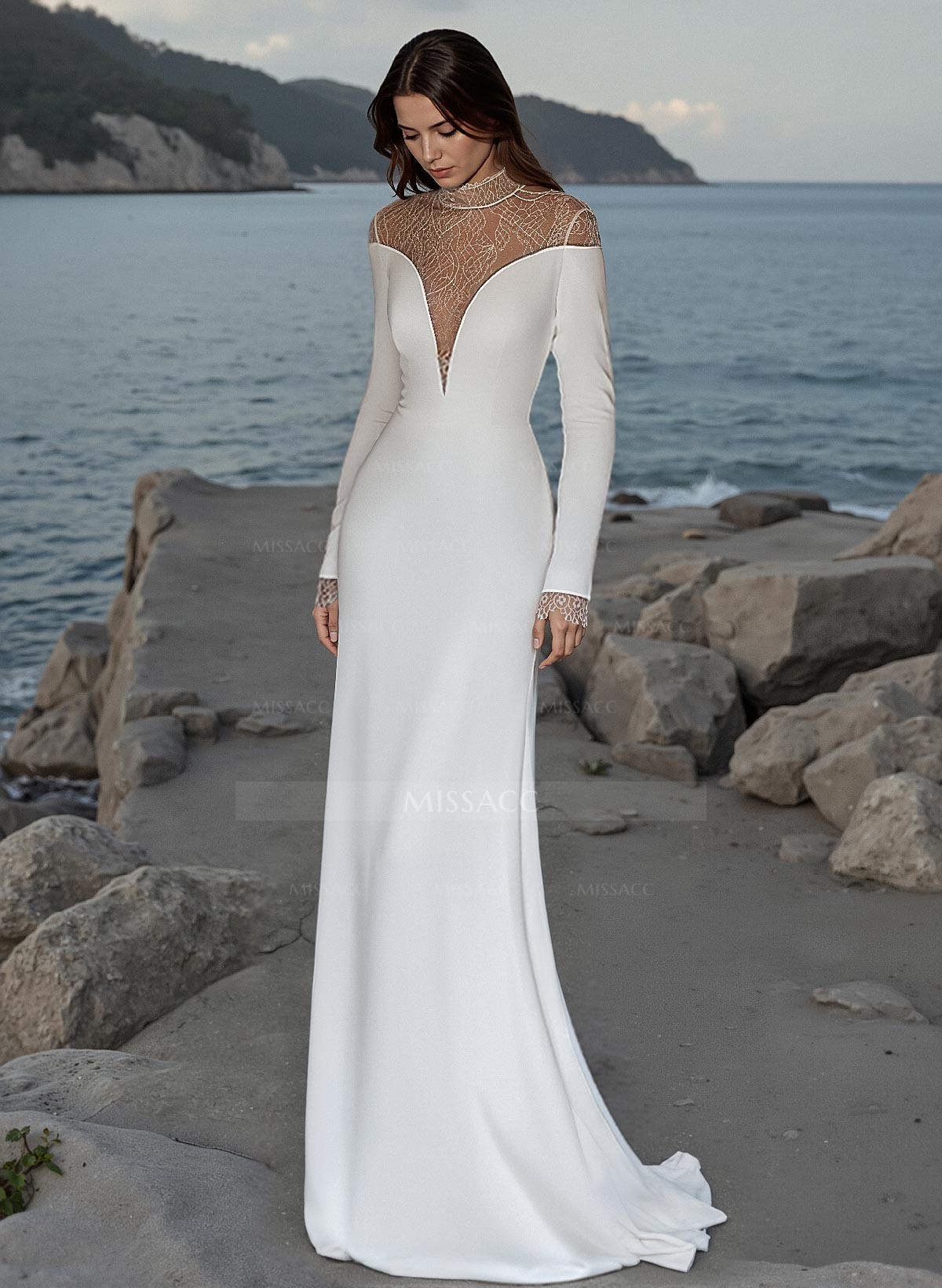 Sheath/Column Illusion Neck Long Sleeves Elastic Satin Wedding Dresses