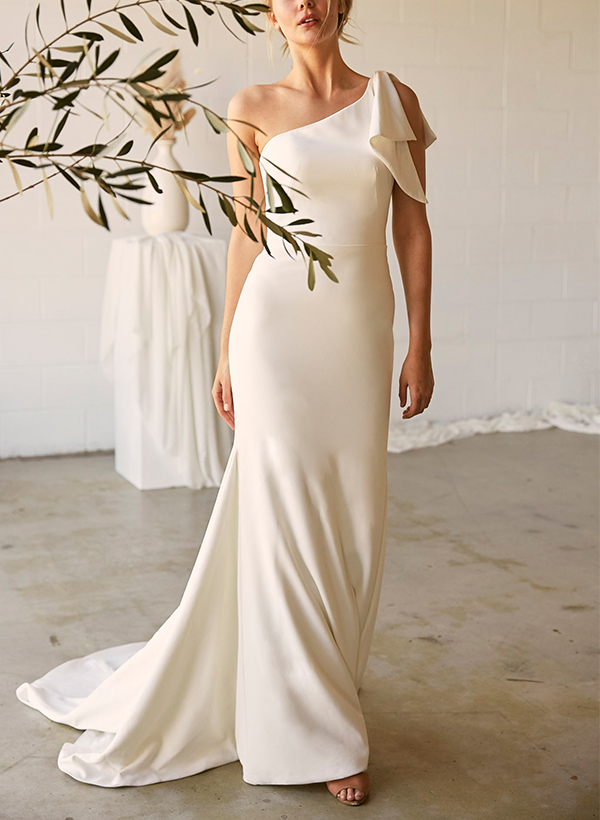 Sheath/Column One-Shoulder Elastic Satin Wedding Dresses With Bow(s)