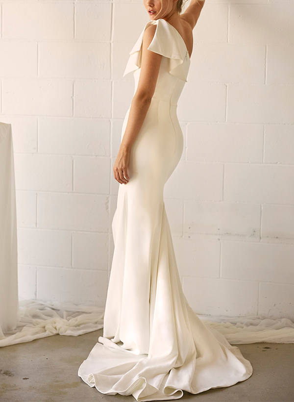 Sheath/Column One-Shoulder Elastic Satin Wedding Dresses With Bow(s)