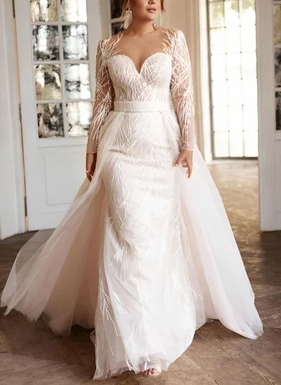 Elegant Illusion Neck Long Sleeves Sweep Train Lace Wedding Dresses